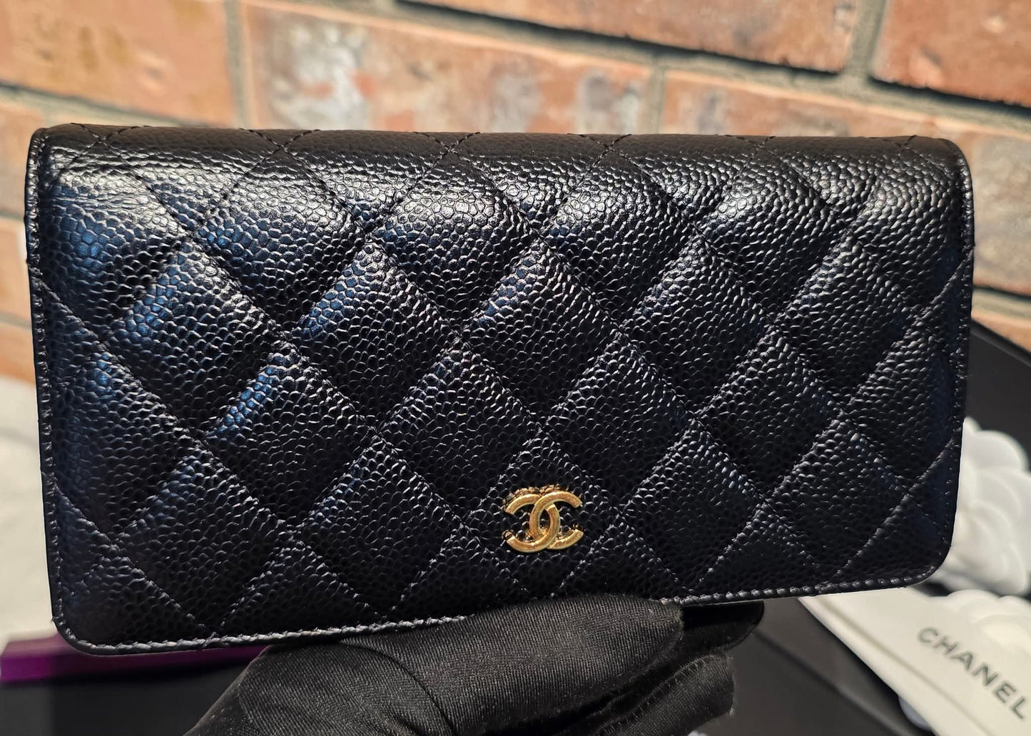 Authentic Chanel Caviar Long Walllet - Black