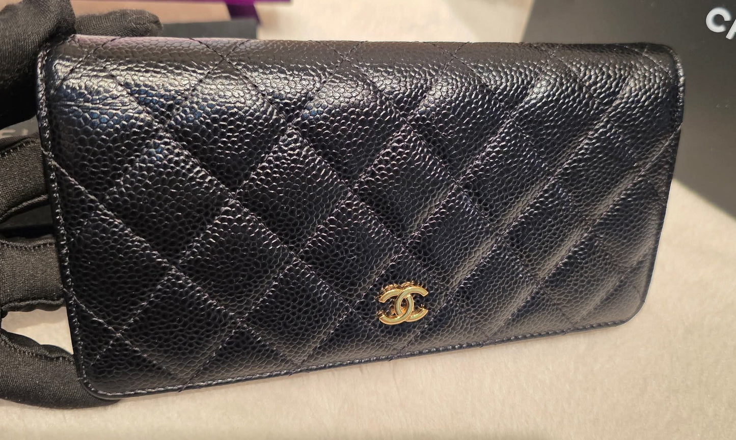 Authentic Chanel Caviar Long Walllet - Black