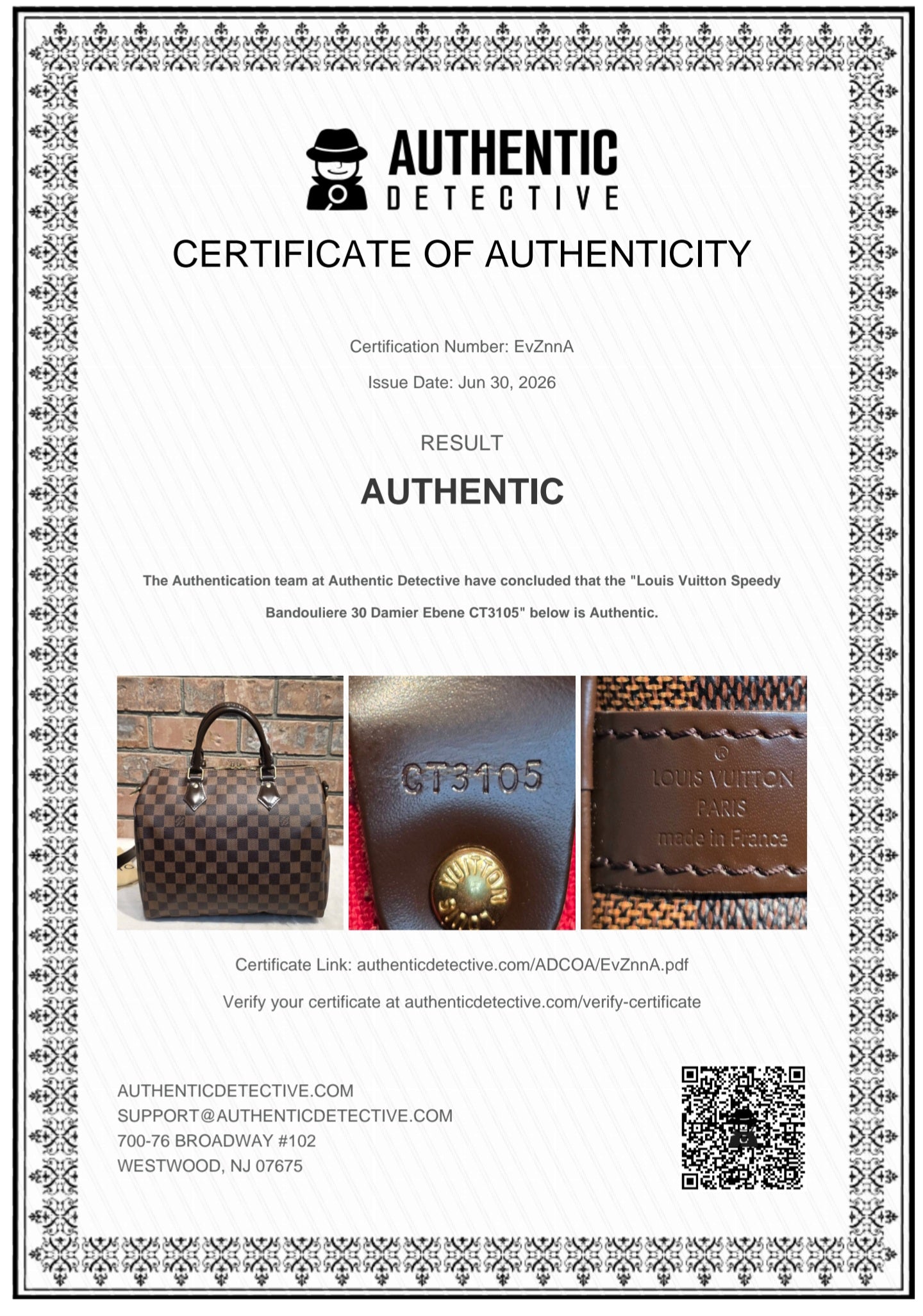 Authentic Louis Vuitton Speedy Bandouliere 30 Damier Ebene