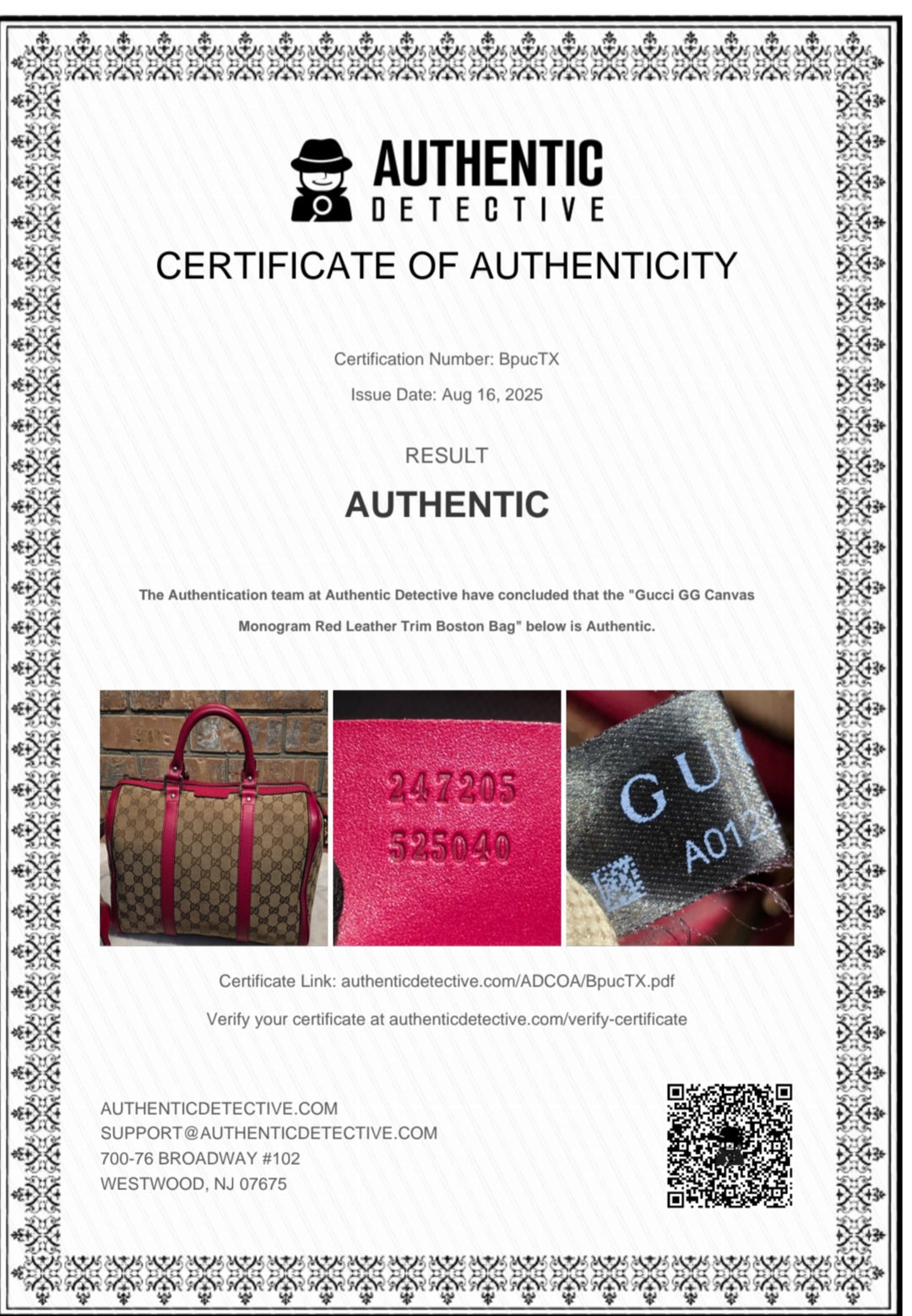 Authentic Gucci Boston Bag with Red Leather Trims