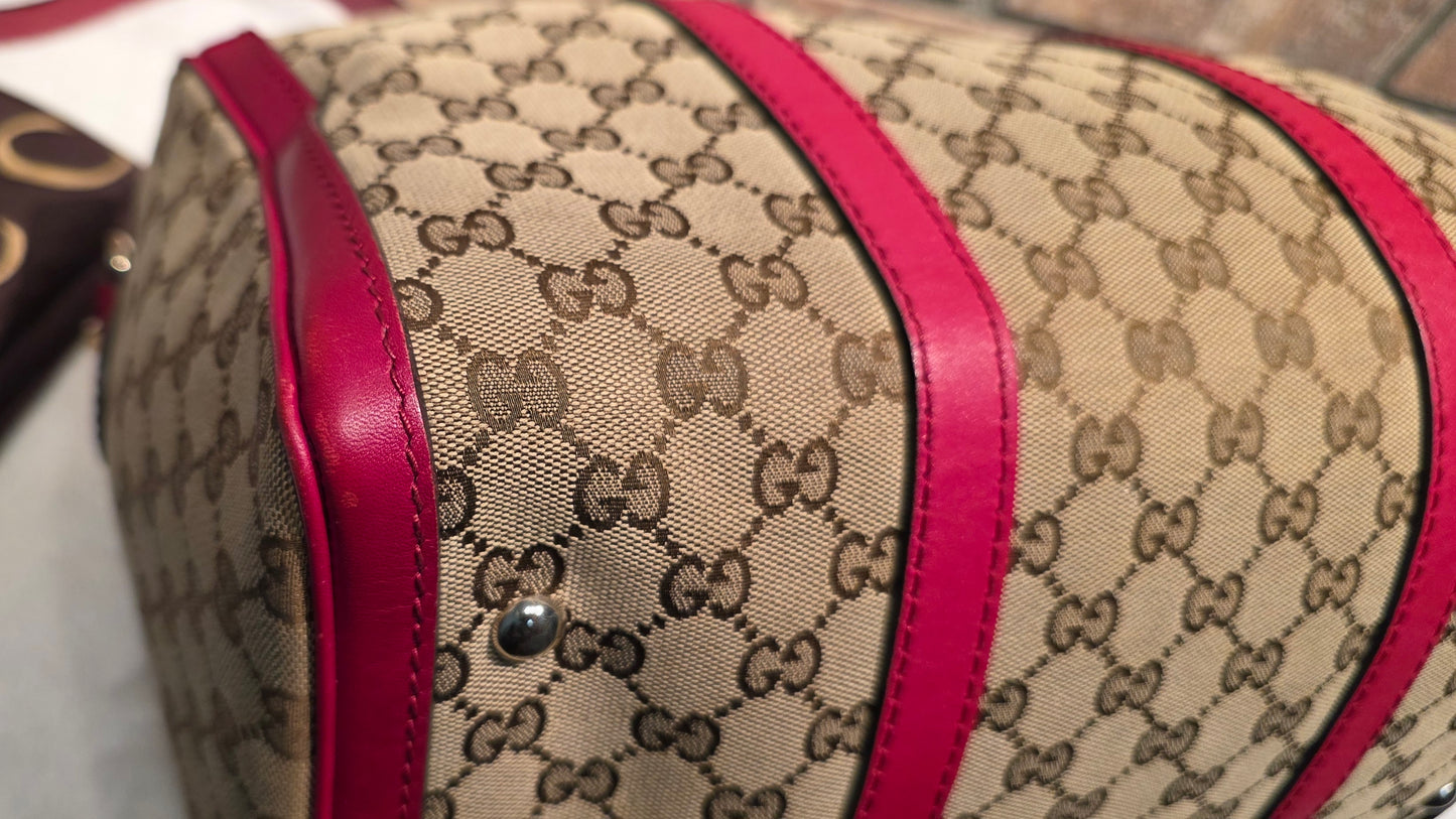Authentic Gucci Boston Bag with Red Leather Trims