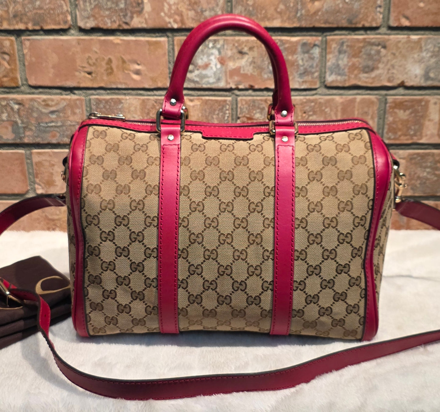Authentic Gucci Boston Bag with Red Leather Trims