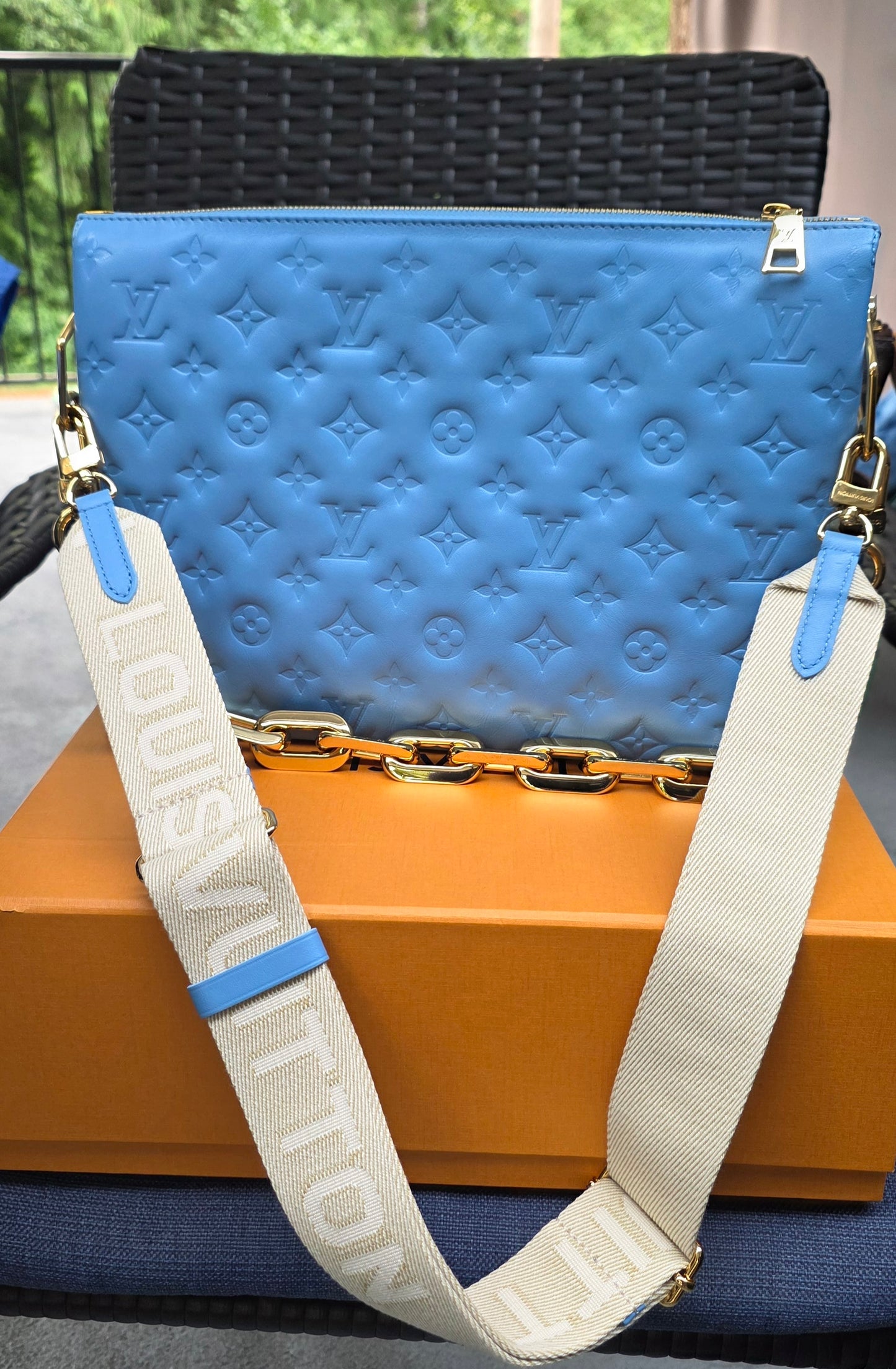 Authentic Louis Vuitton Coussin MM Embossed Monogram in Bleuet