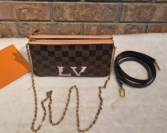 Authentic Louis Vuitton Double Zip Pochette Damier Ebene with Extra Authentic Leather Strap