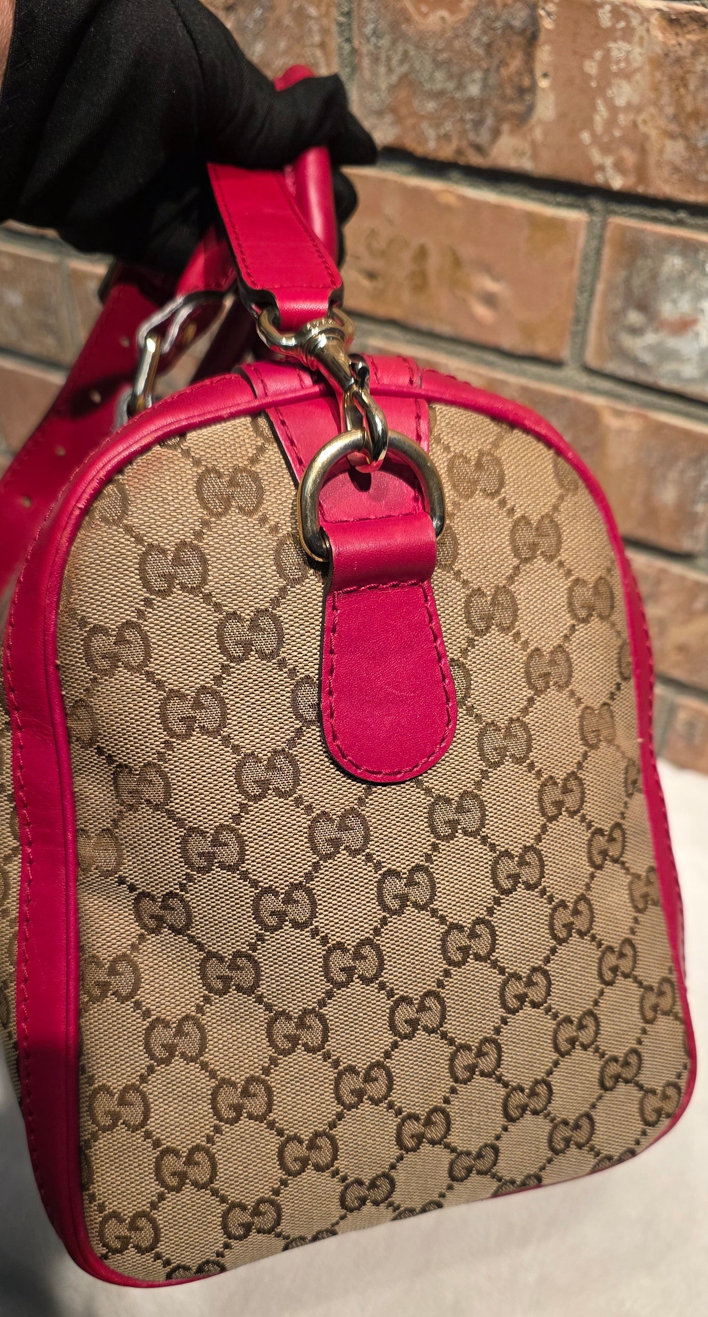 Authentic Gucci Boston Bag with Red Leather Trims