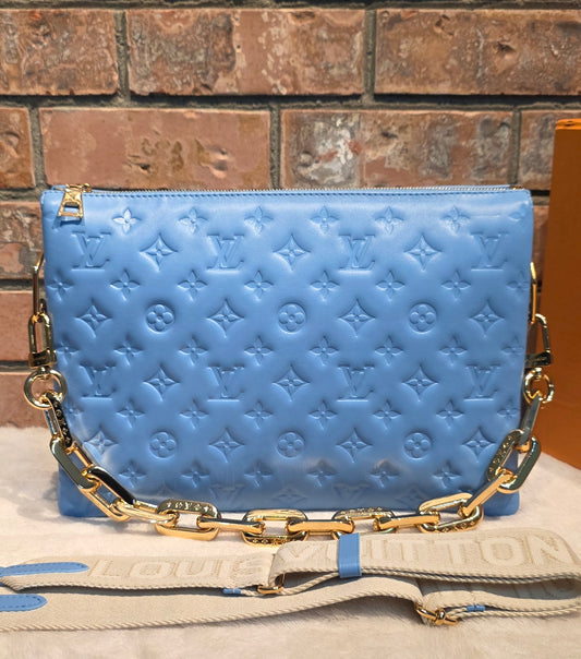 Authentic Louis Vuitton Coussin MM Embossed Monogram in Bleuet
