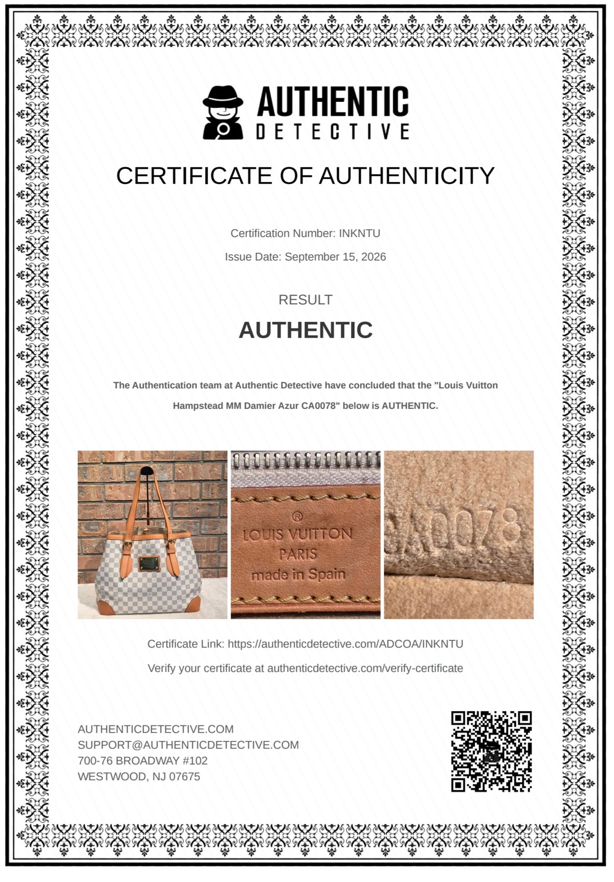 Authentic Louis Vuitton Hampstead MM Damier Azur