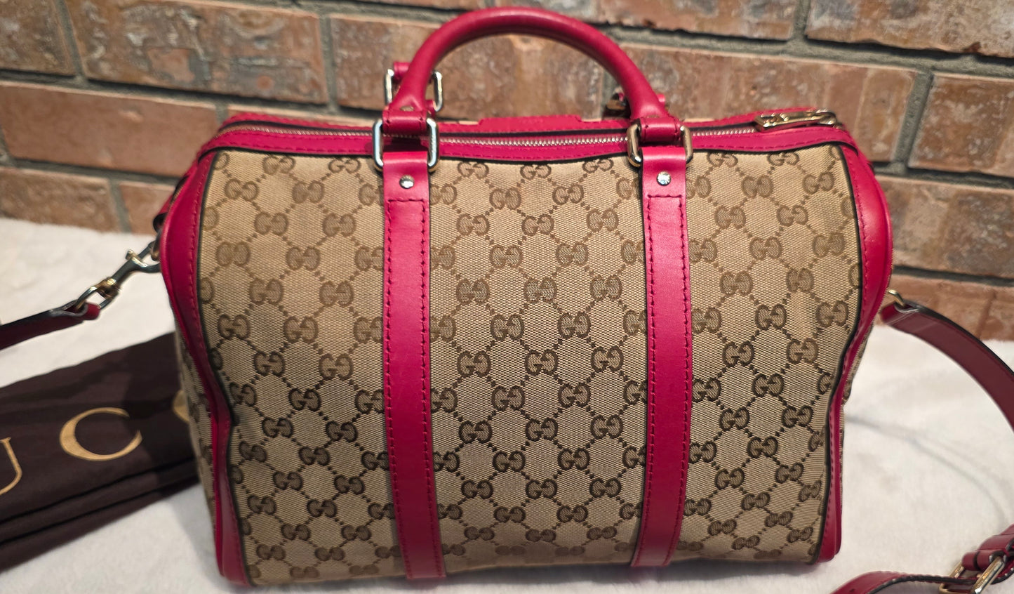 Authentic Gucci Boston Bag with Red Leather Trims