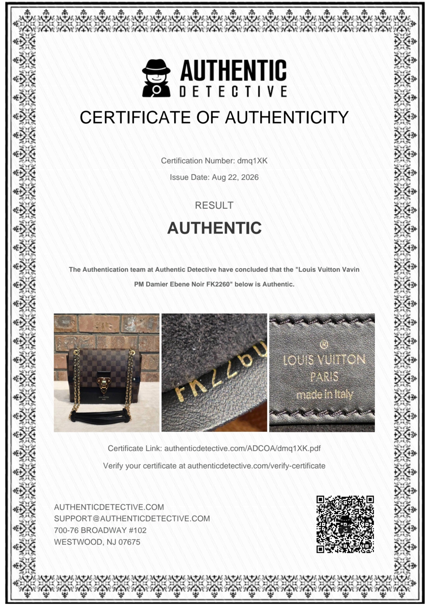 Authentic Louis Vuitton Vavin PM Damier Ebene