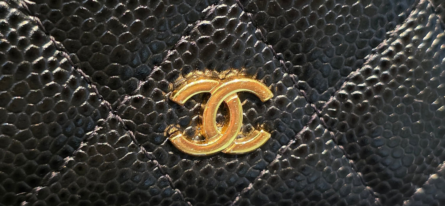 Authentic Chanel Caviar Long Walllet - Black