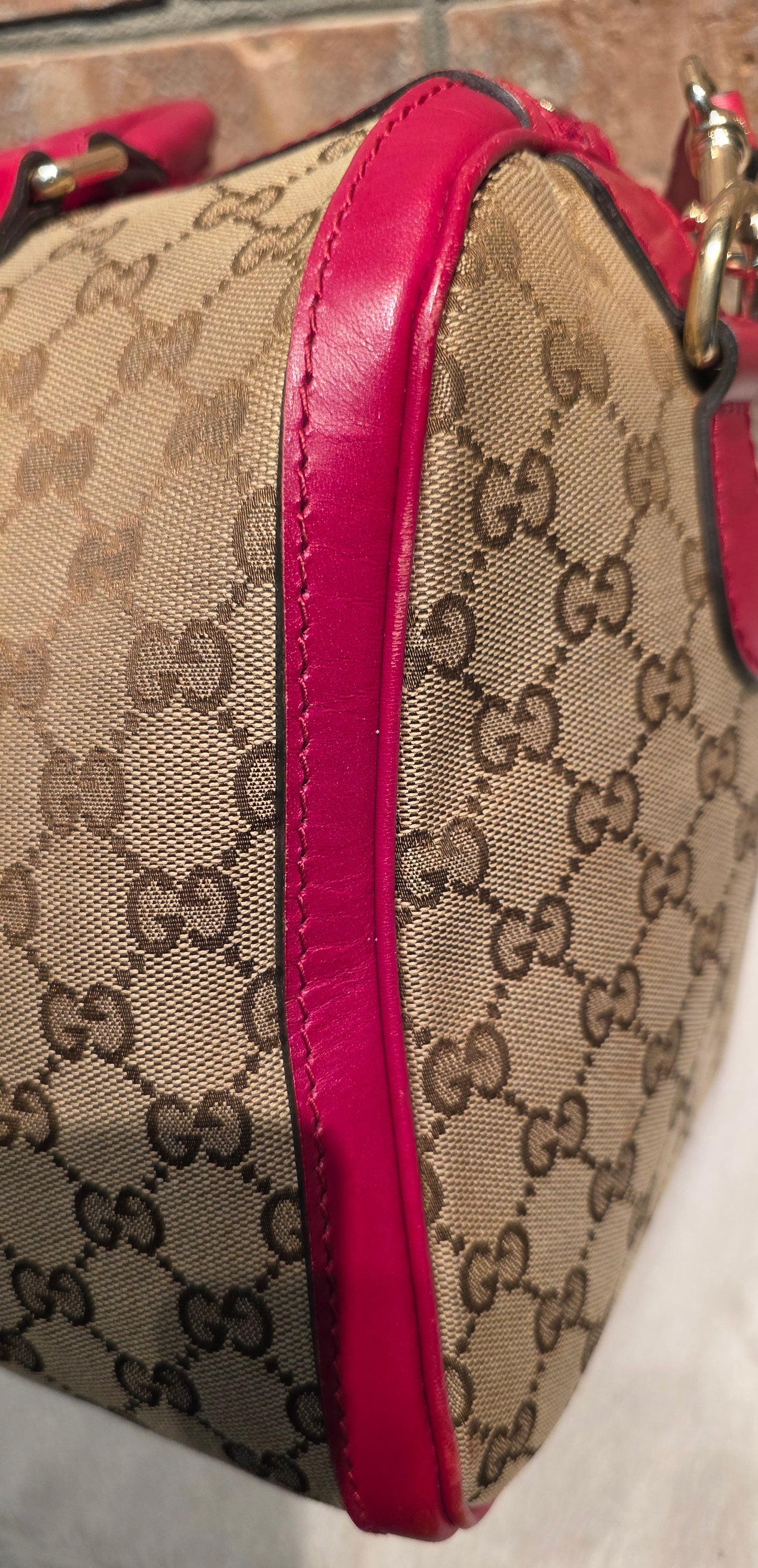 Authentic Gucci Boston Bag with Red Leather Trims
