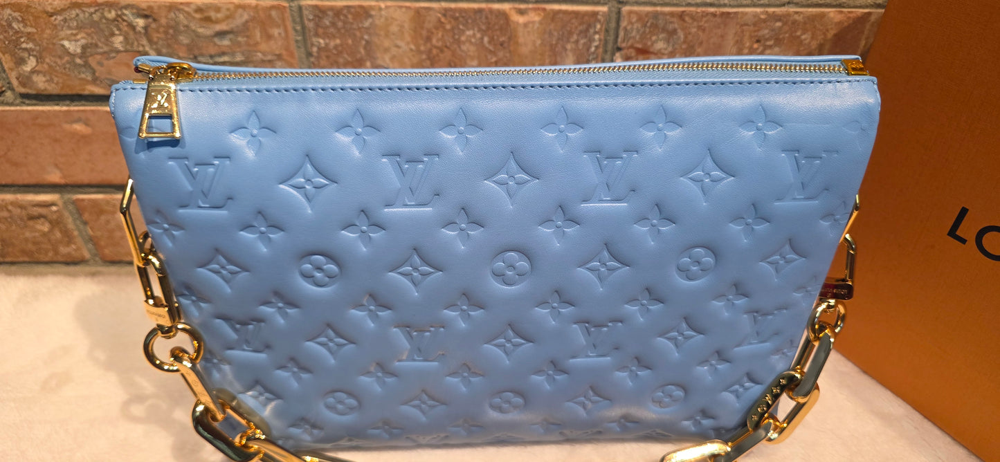 Authentic Louis Vuitton Coussin MM Embossed Monogram in Bleuet