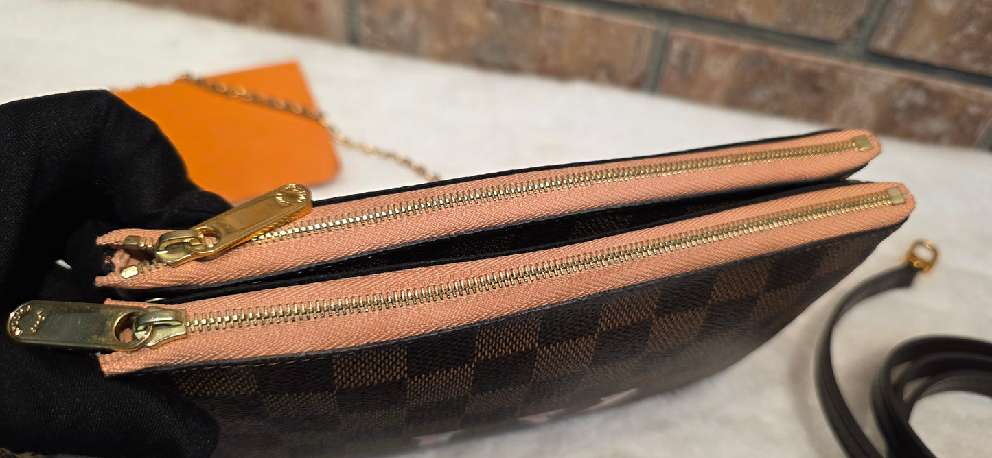 Authentic Louis Vuitton Double Zip Pochette Damier Ebene with Extra Authentic Leather Strap