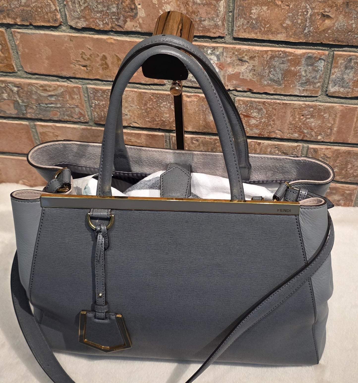 Authentic FENDI Saffiano Leather 2Jours Tote in Gray