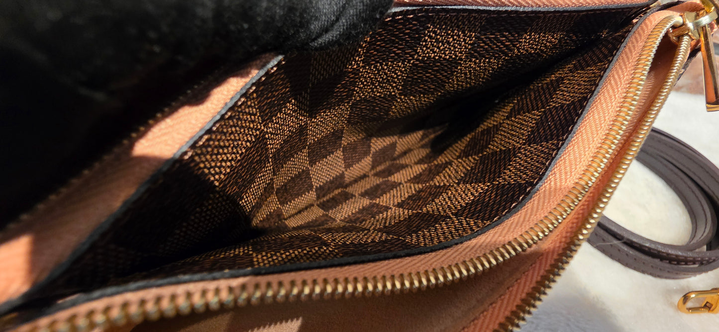 Authentic Louis Vuitton Double Zip Pochette Damier Ebene with Extra Authentic Leather Strap
