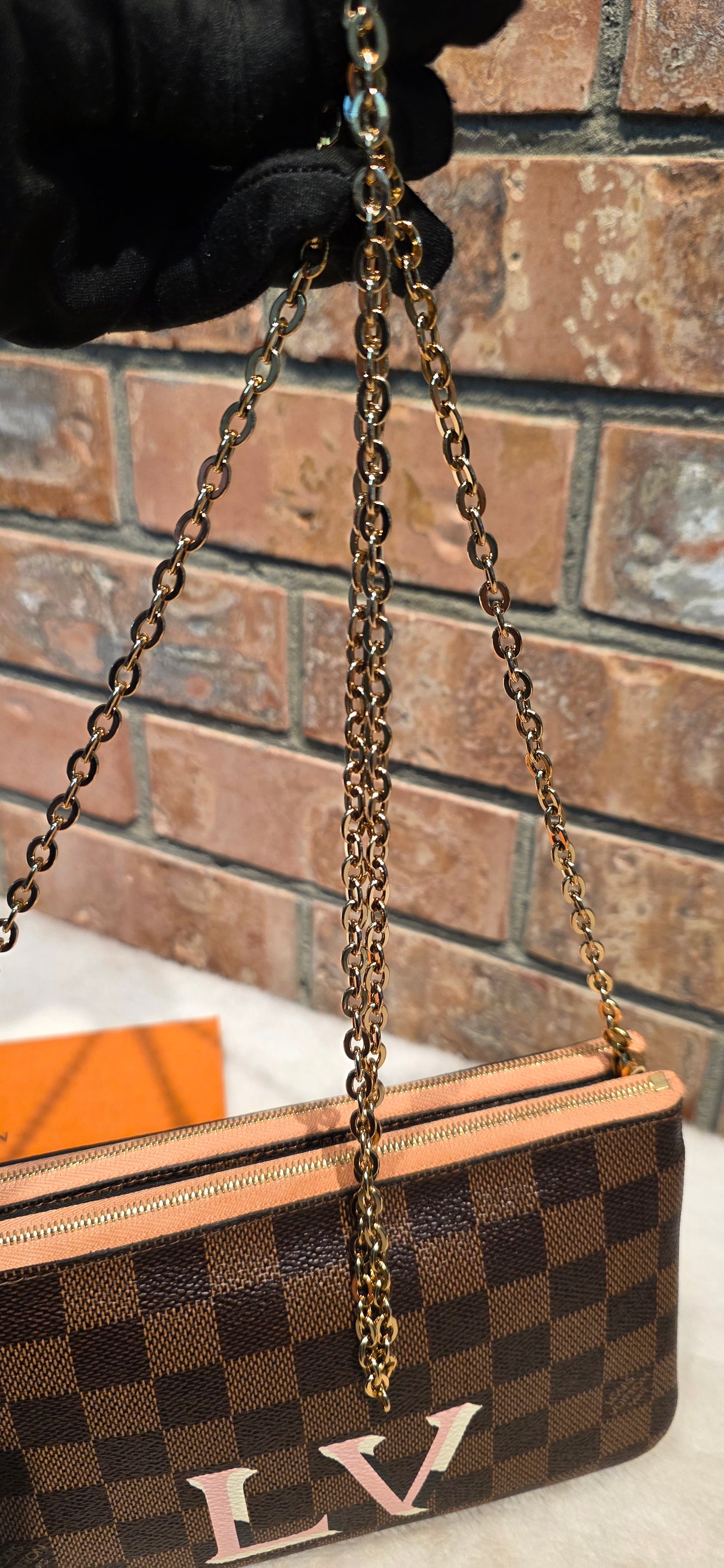 Authentic Louis Vuitton Double Zip Pochette Damier Ebene with Extra Authentic Leather Strap