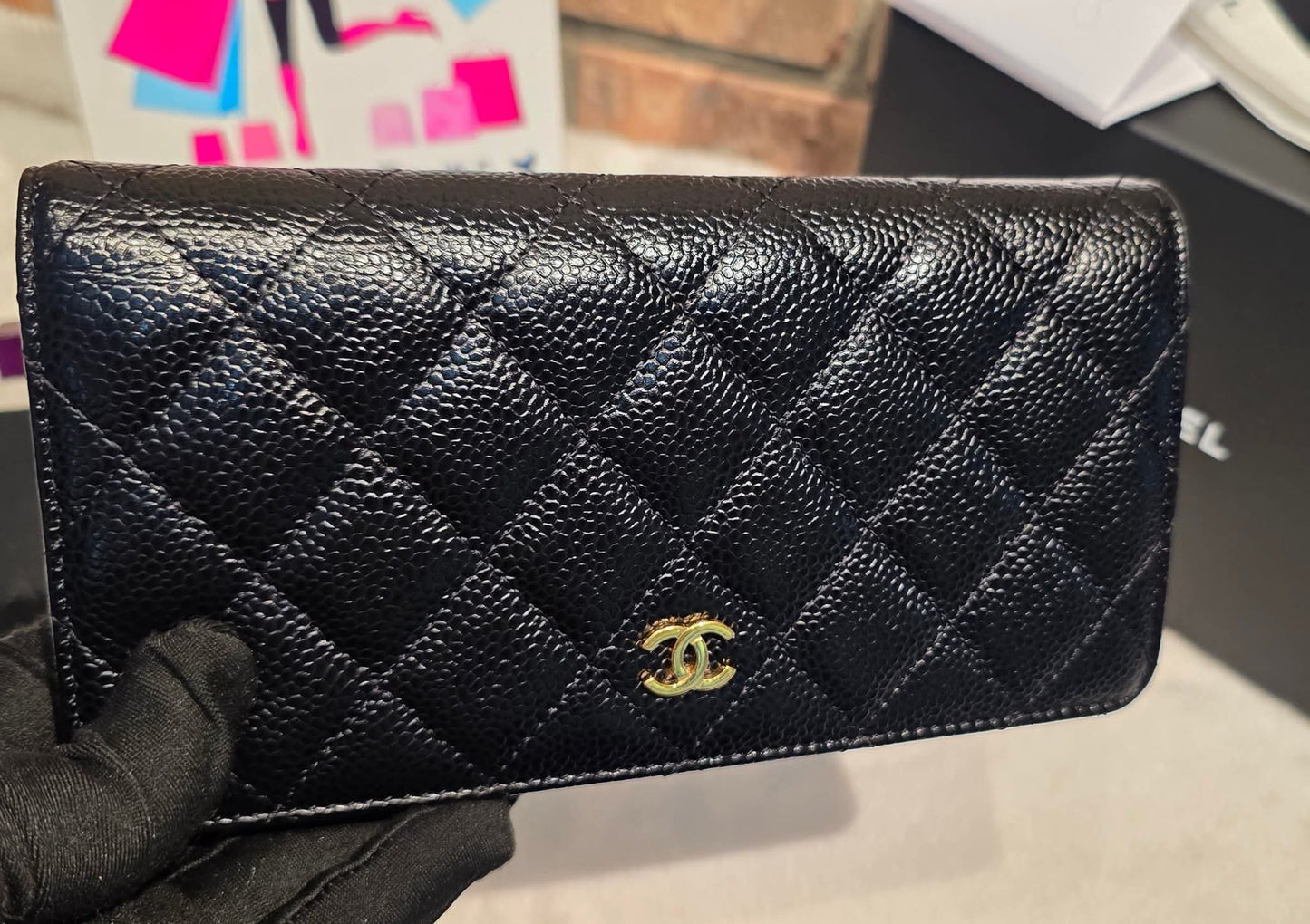 Authentic Chanel Caviar Long Walllet - Black