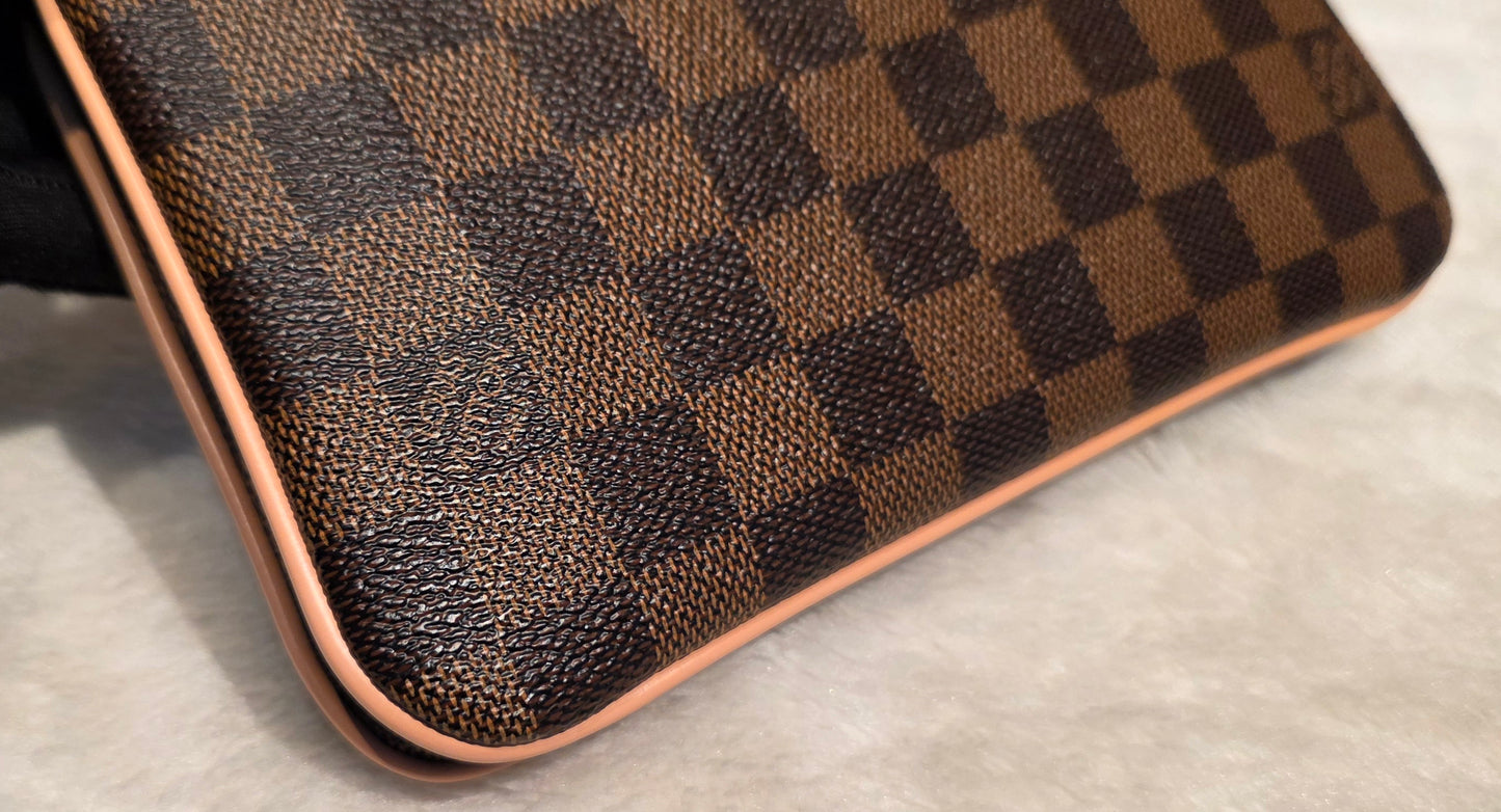 Authentic Louis Vuitton Double Zip Pochette Damier Ebene with Extra Authentic Leather Strap