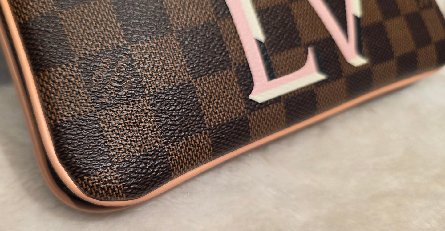 Authentic Louis Vuitton Double Zip Pochette Damier Ebene with Extra Authentic Leather Strap