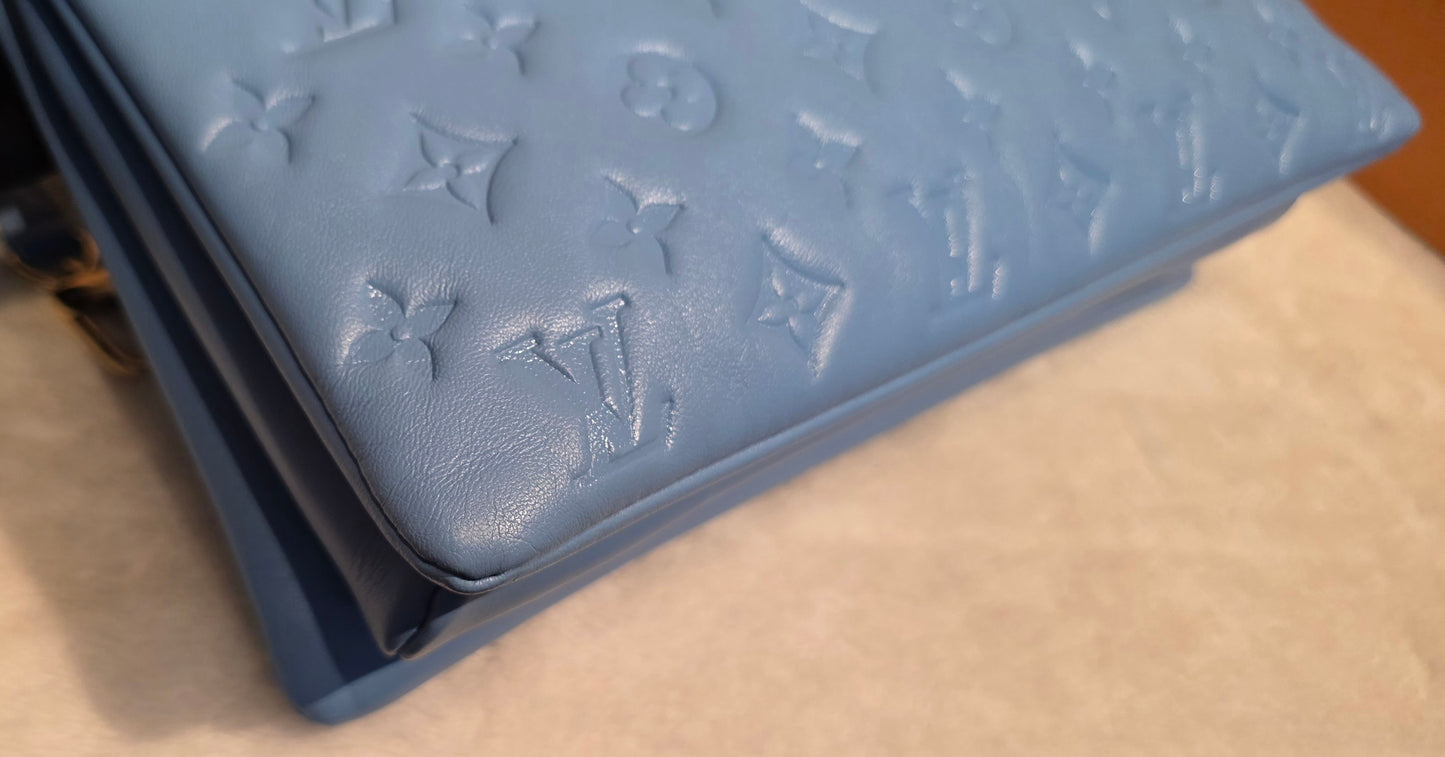 Authentic Louis Vuitton Coussin MM Embossed Monogram in Bleuet