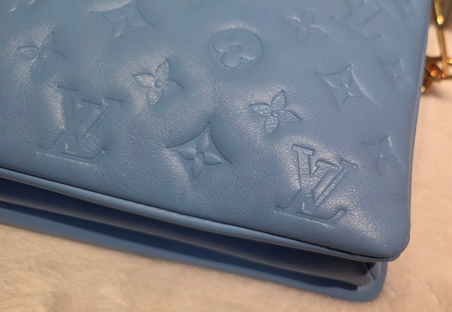 Authentic Louis Vuitton Coussin MM Embossed Monogram in Bleuet