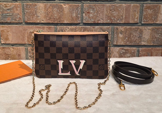Authentic Louis Vuitton Double Zip Pochette Damier Ebene with Extra Authentic Leather Strap