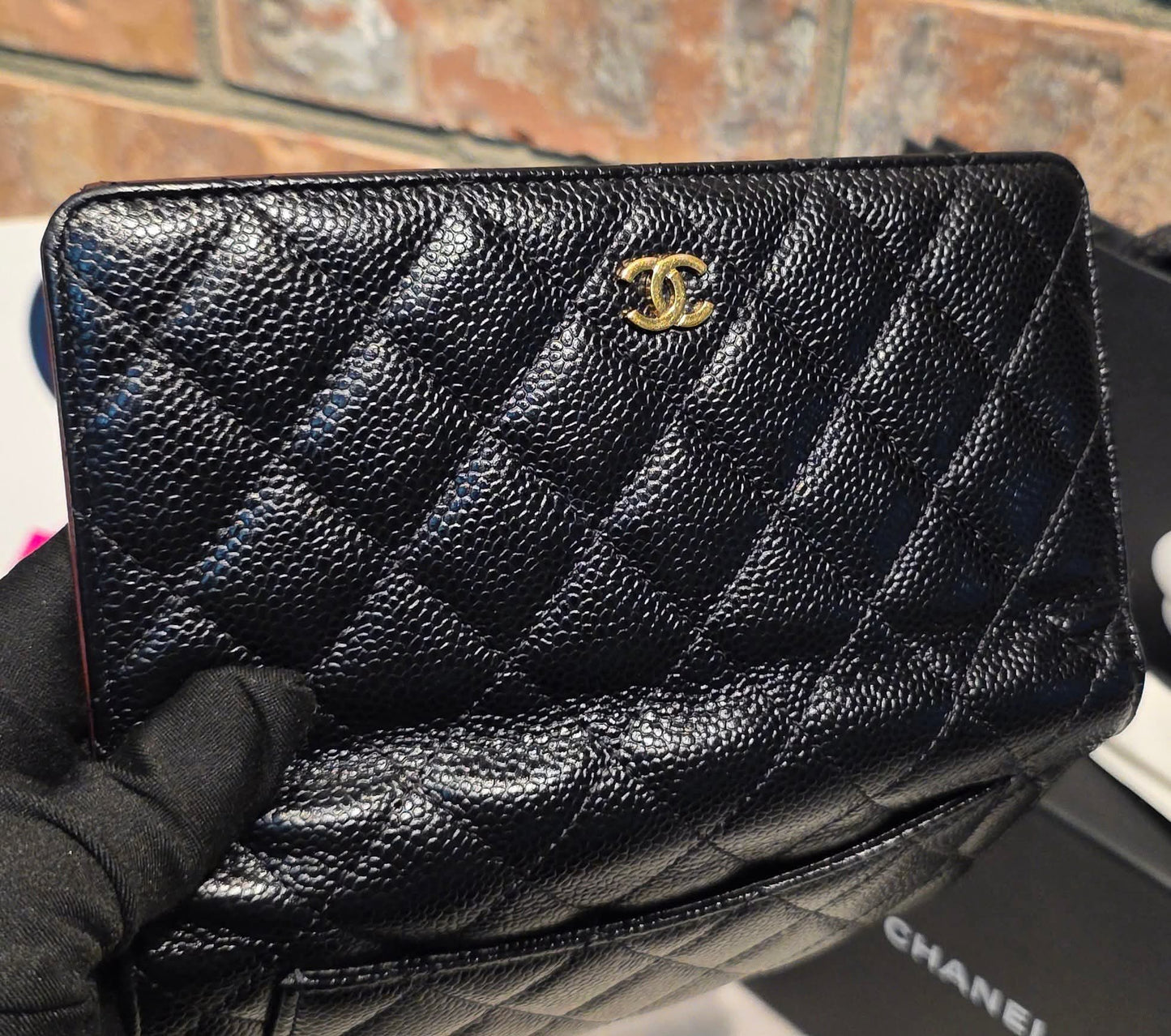 Authentic Chanel Caviar Long Walllet - Black