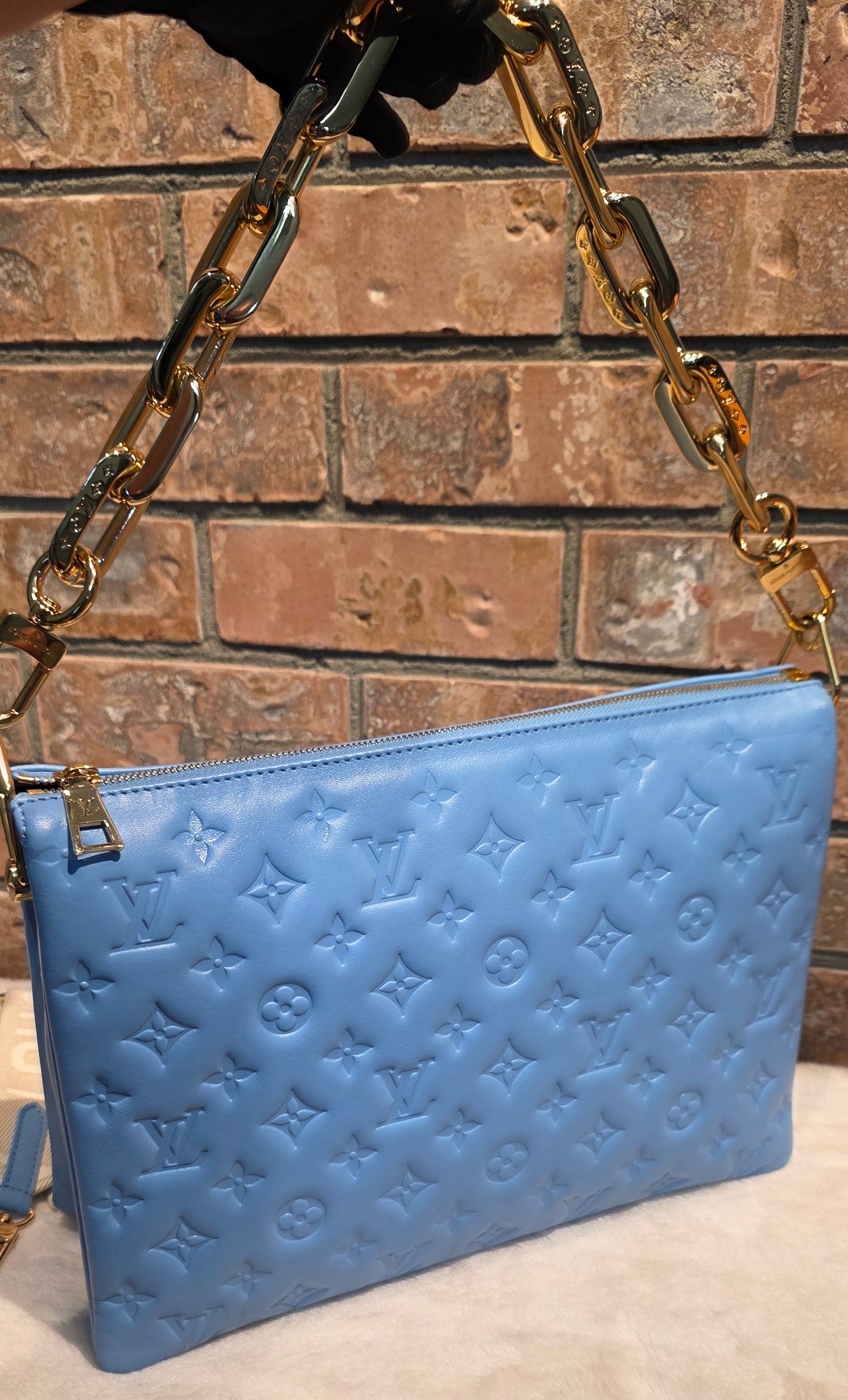 Authentic Louis Vuitton Coussin MM Embossed Monogram in Bleuet