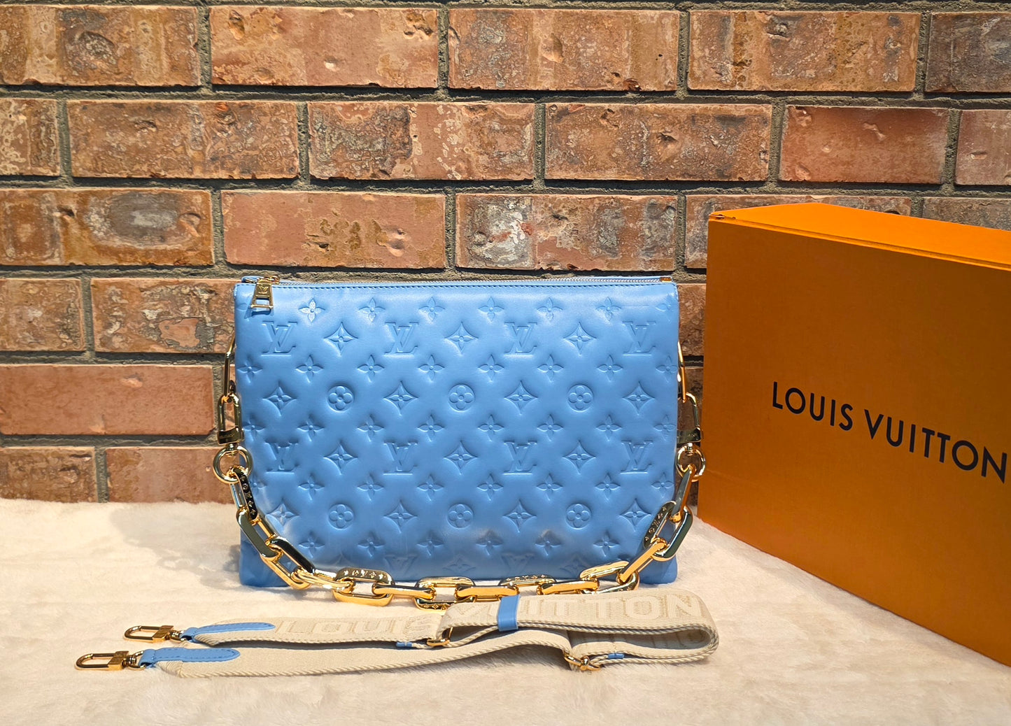 Authentic Louis Vuitton Coussin MM Embossed Monogram in Bleuet