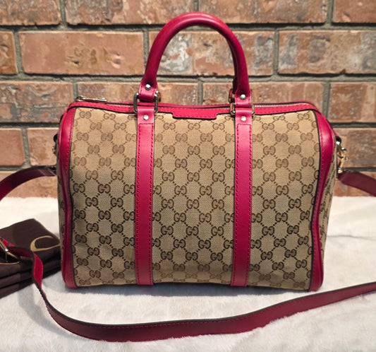 Authentic Gucci Boston Bag with Red Leather Trims