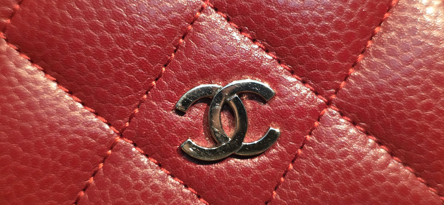 Authentic Chanel Quilted Caviar Long Flat Wallet - Silver Hardware