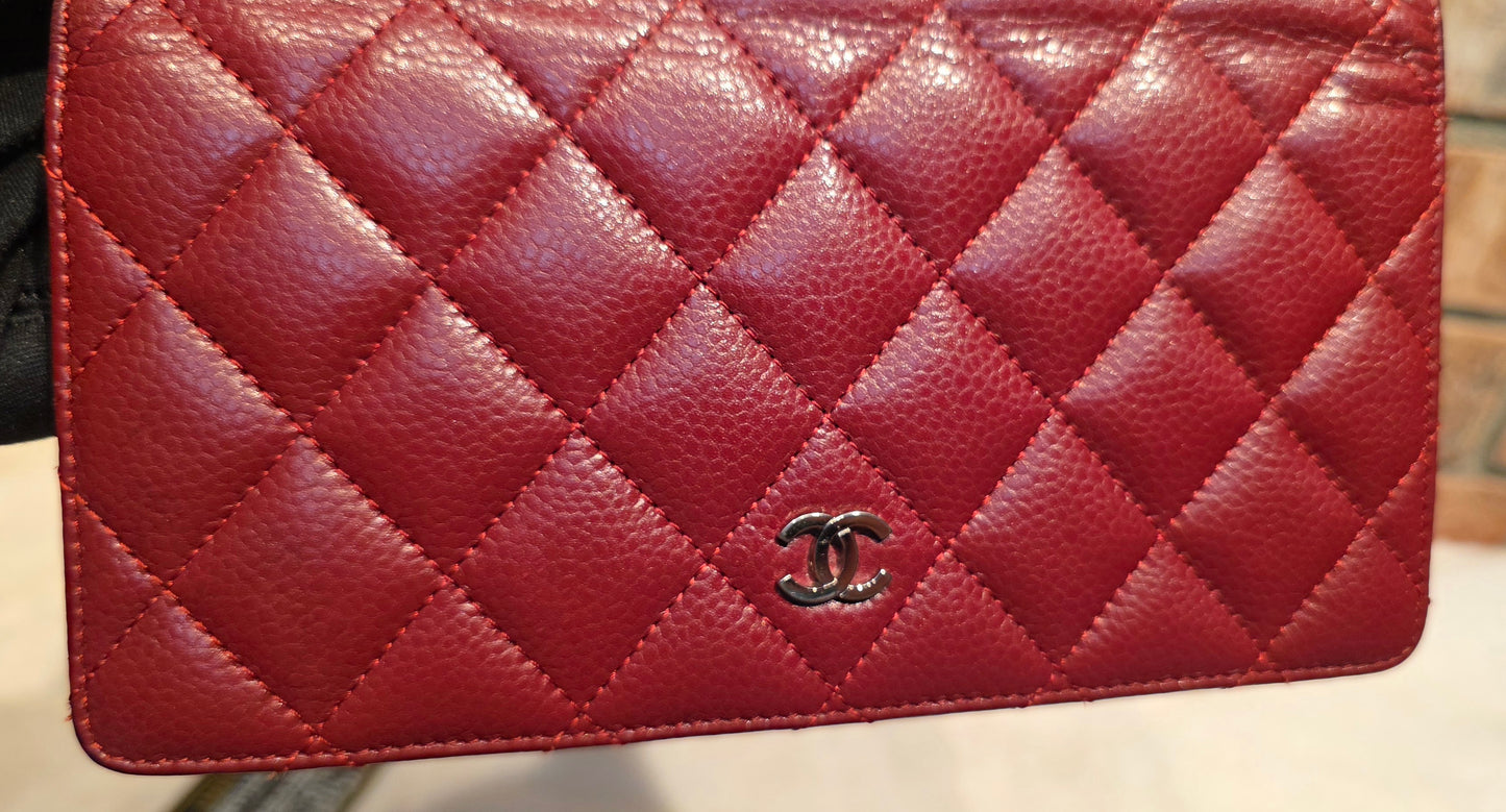Authentic Chanel Quilted Caviar Long Flat Wallet - Silver Hardware
