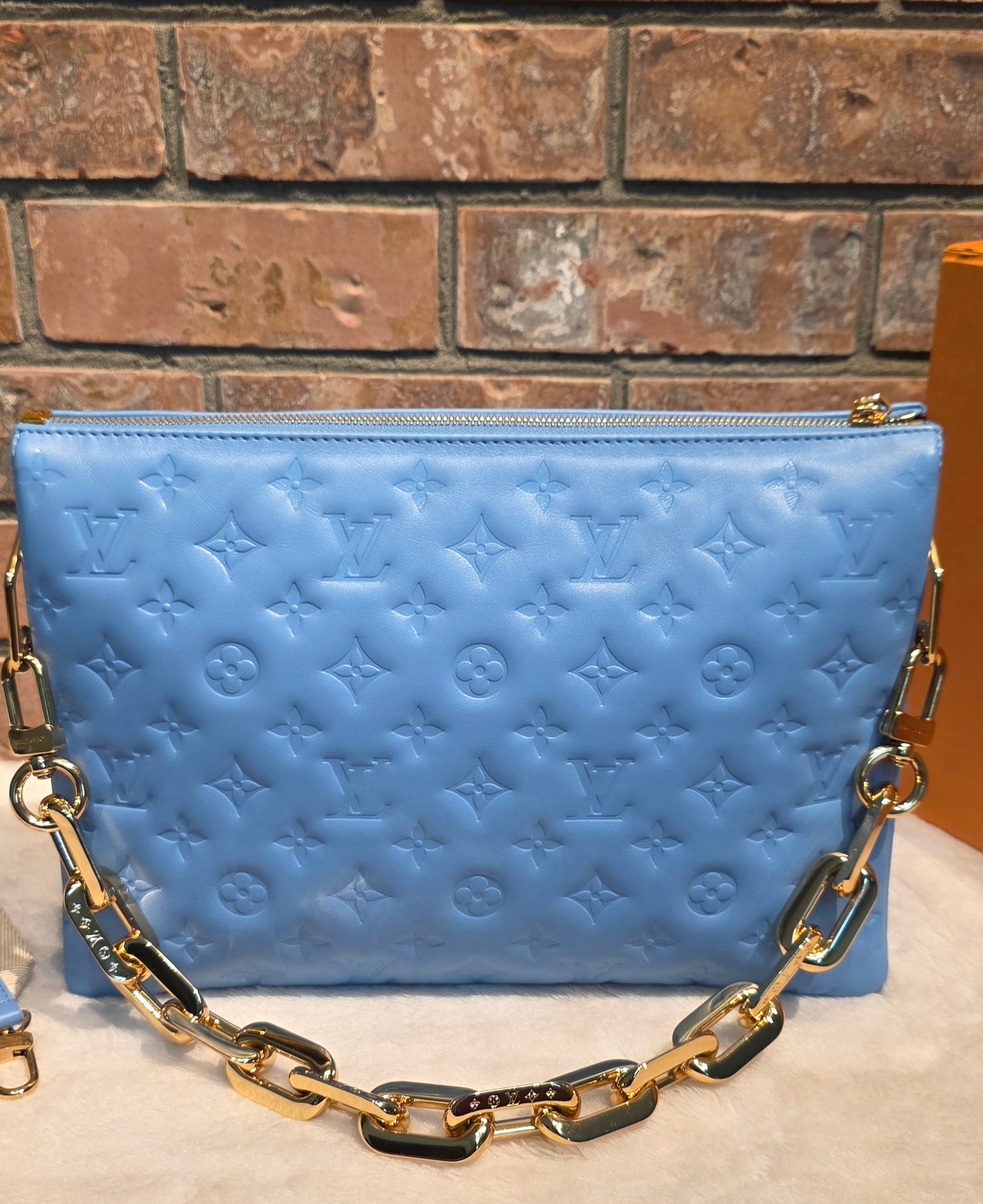 Authentic Louis Vuitton Coussin MM Embossed Monogram in Bleuet