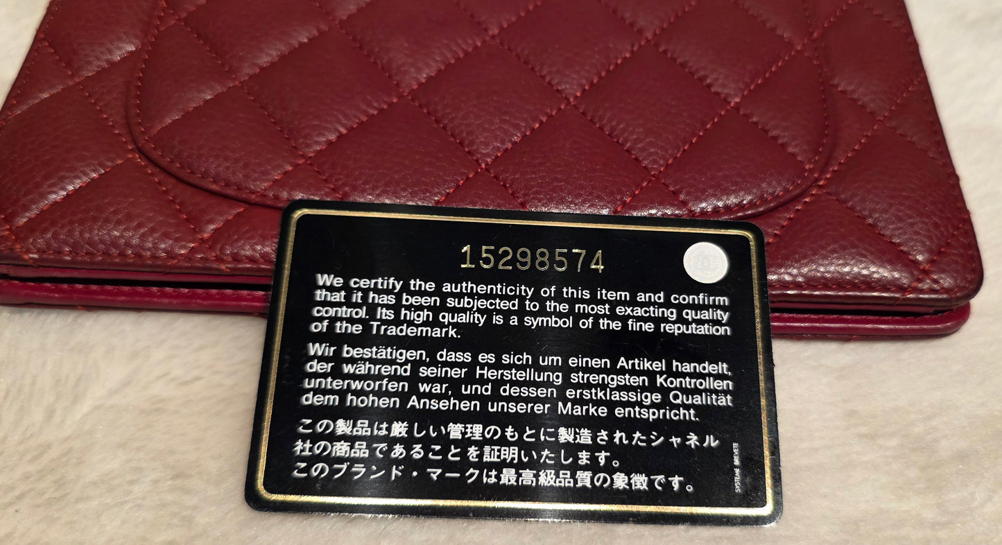Authentic Chanel Quilted Caviar Long Flat Wallet - Silver Hardware