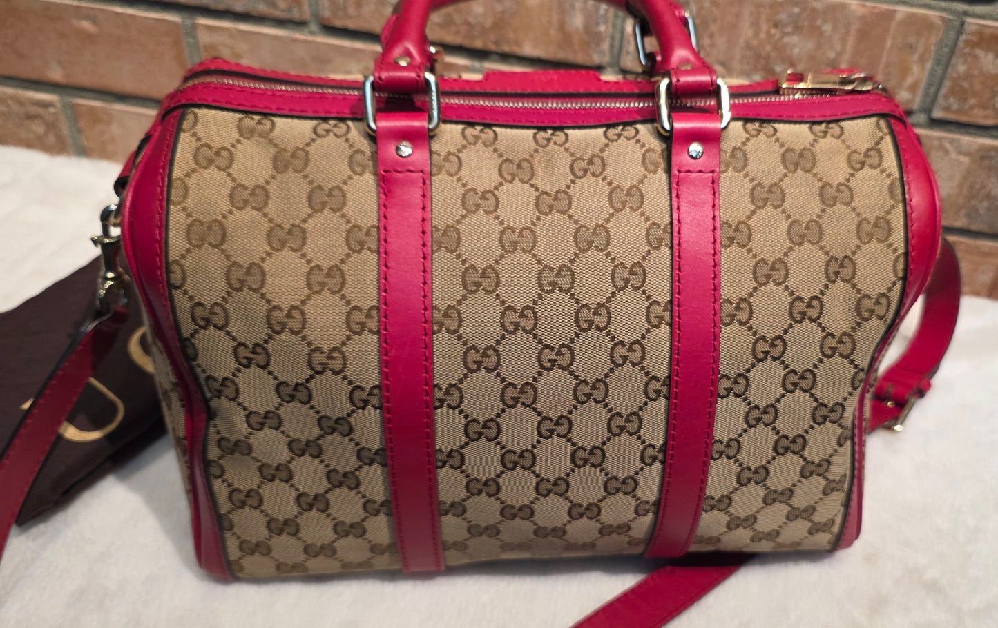 Authentic Gucci Boston Bag with Red Leather Trims
