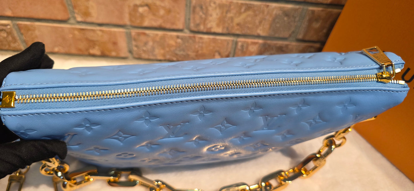 Authentic Louis Vuitton Coussin MM Embossed Monogram in Bleuet