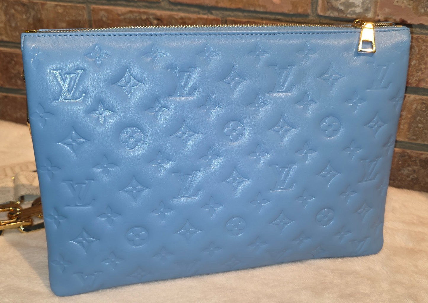 Authentic Louis Vuitton Coussin MM Embossed Monogram in Bleuet