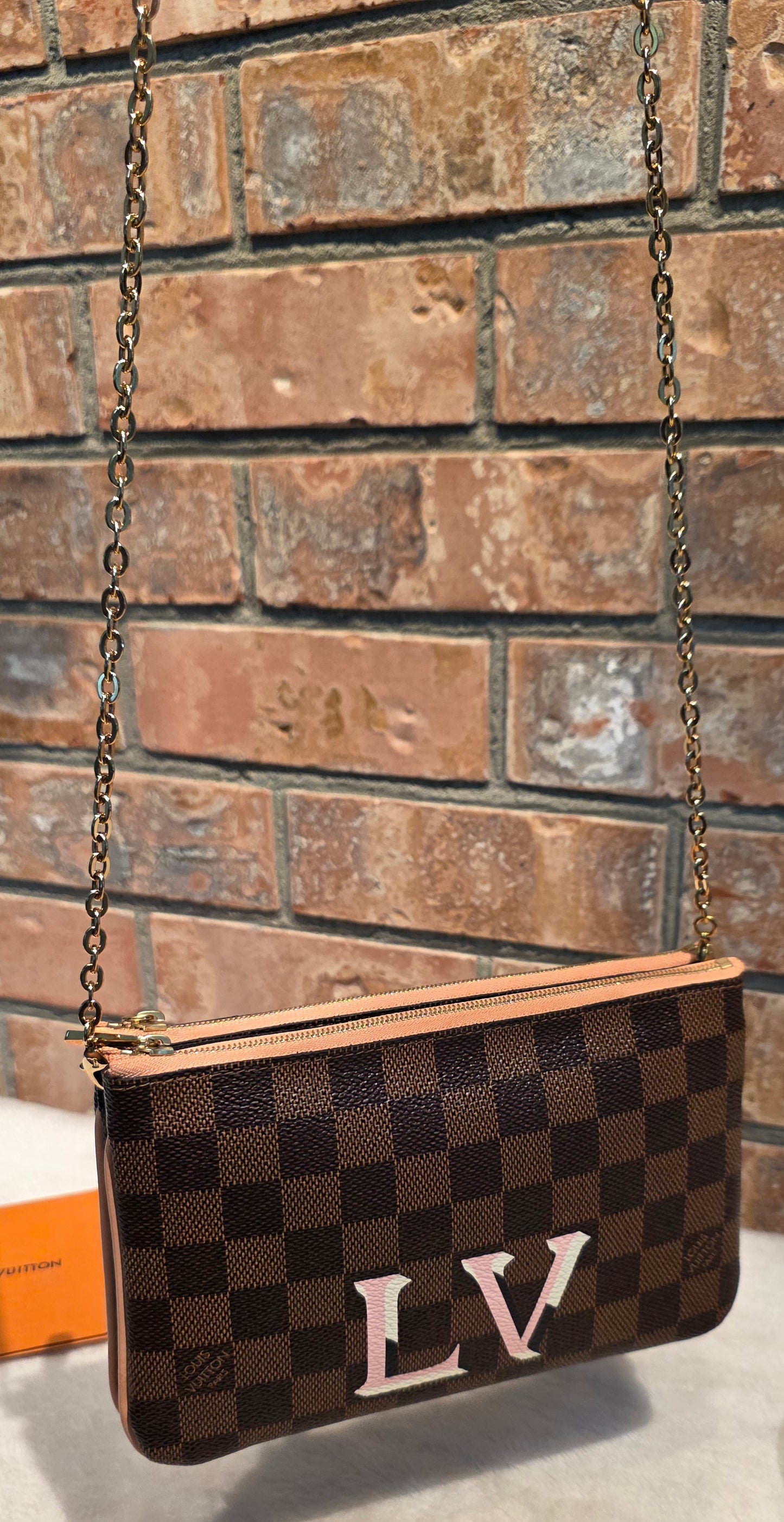 Authentic Louis Vuitton Double Zip Pochette Damier Ebene with Extra Authentic Leather Strap