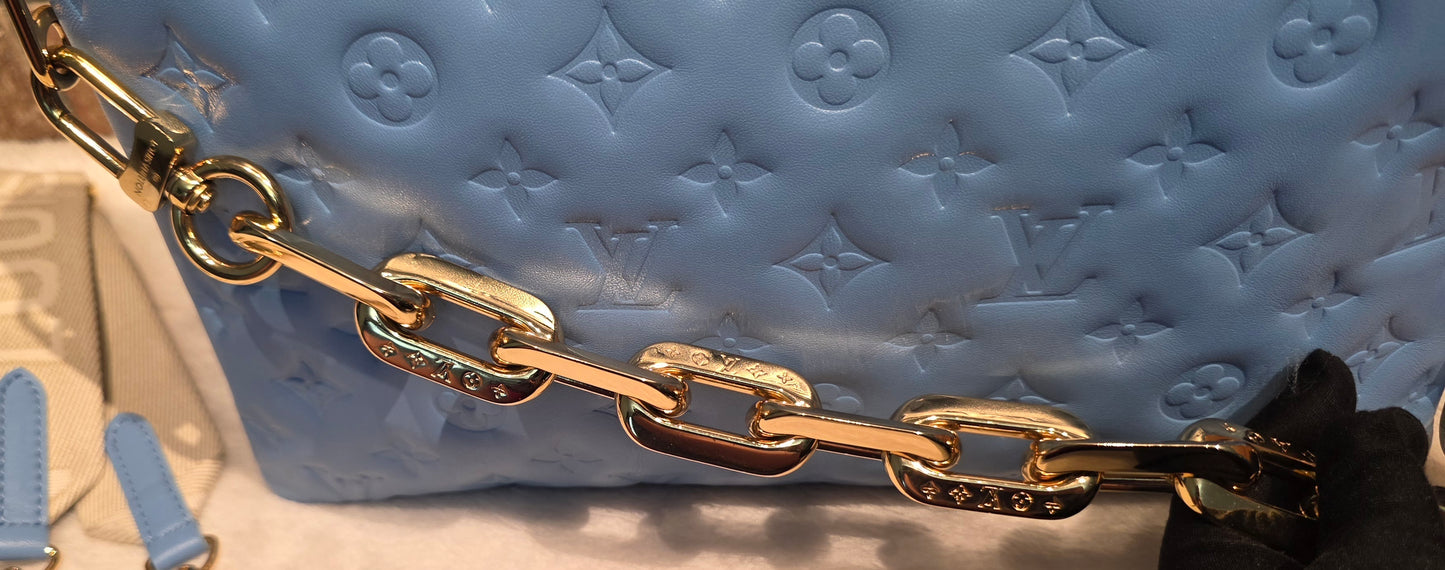Authentic Louis Vuitton Coussin MM Embossed Monogram in Bleuet