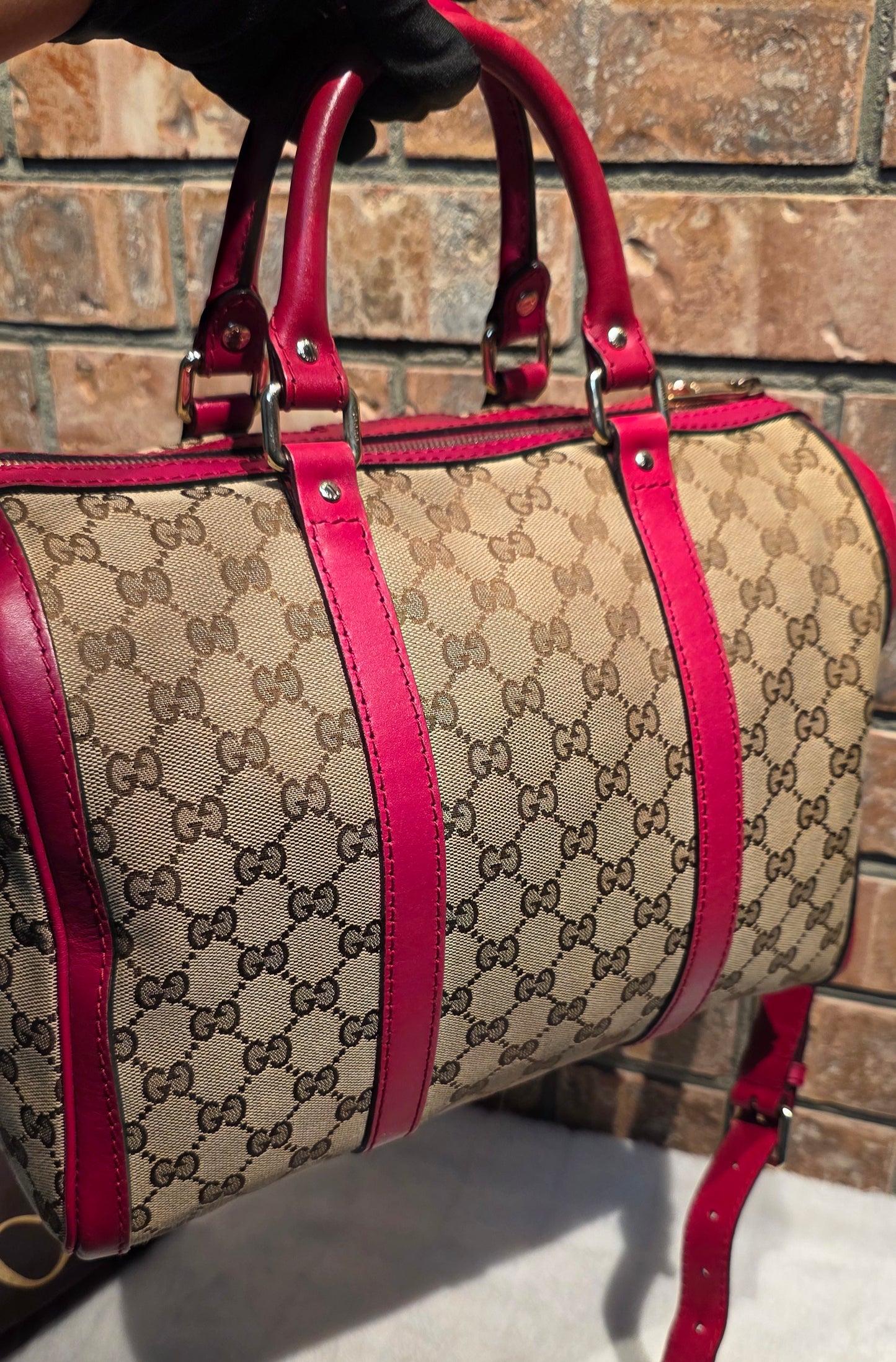 Authentic Gucci Boston Bag with Red Leather Trims