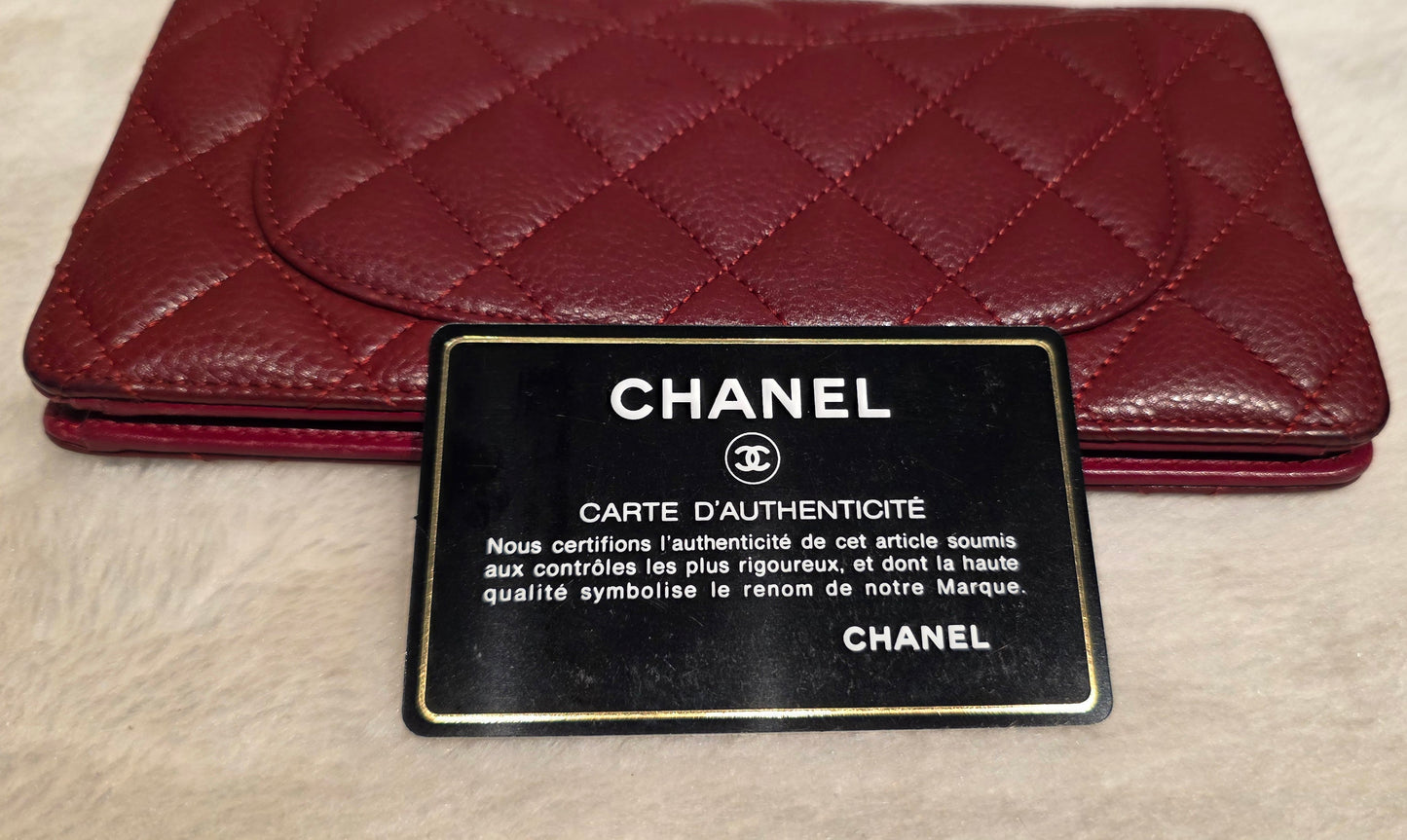 Authentic Chanel Quilted Caviar Long Flat Wallet - Silver Hardware
