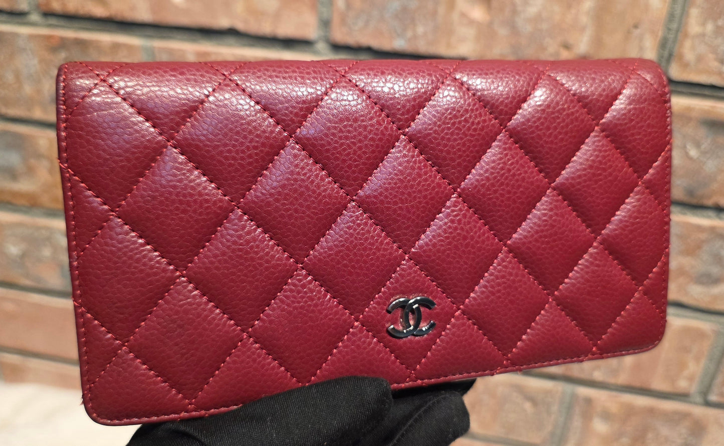 Authentic Chanel Quilted Caviar Long Flat Wallet - Silver Hardware