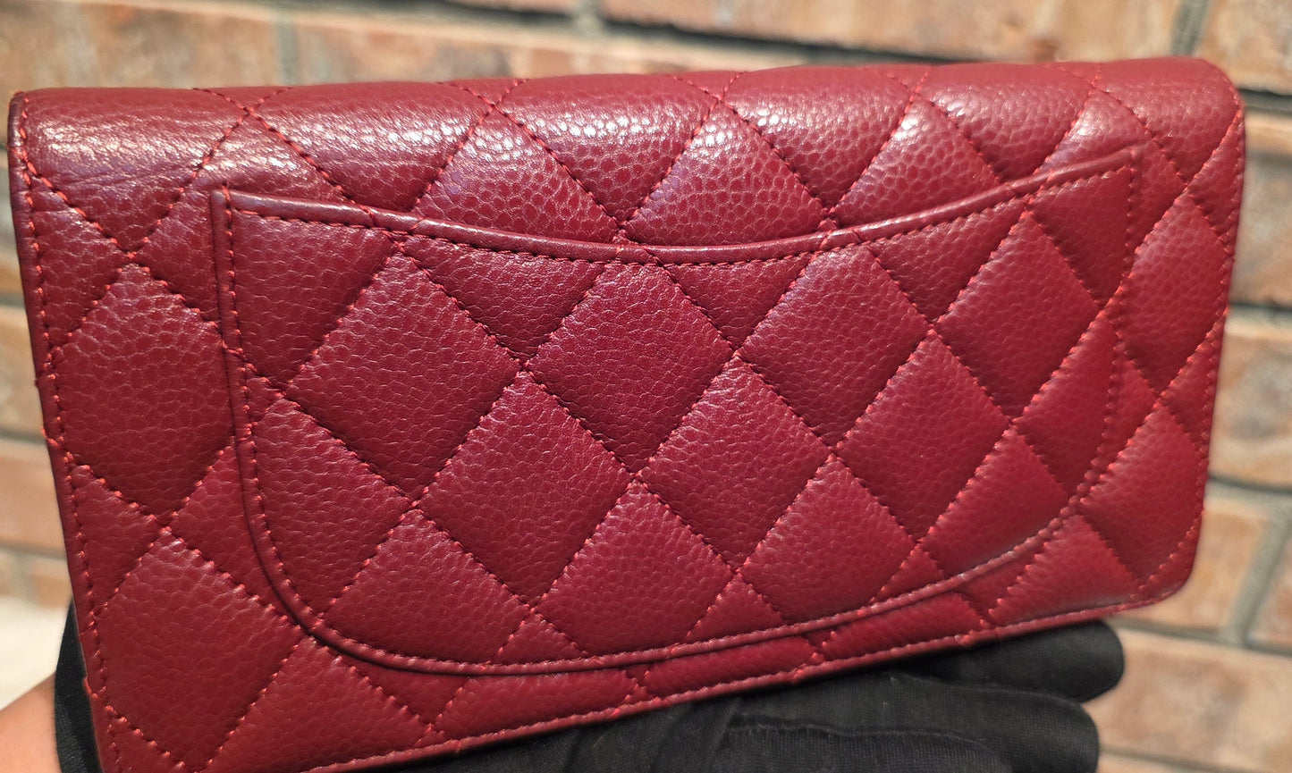 Authentic Chanel Quilted Caviar Long Flat Wallet - Silver Hardware