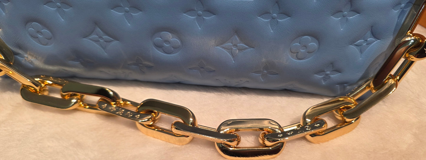 Authentic Louis Vuitton Coussin MM Embossed Monogram in Bleuet