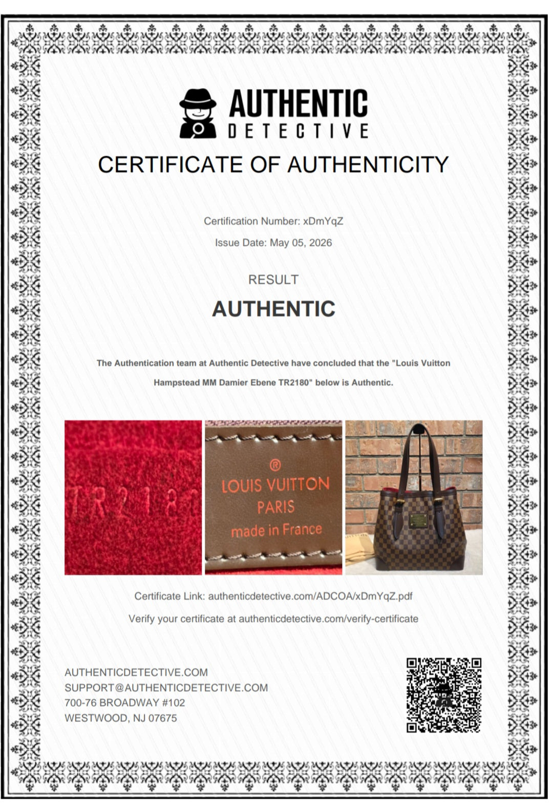 Authentic Louis Vuitton Hampstead MM Damier Ebene