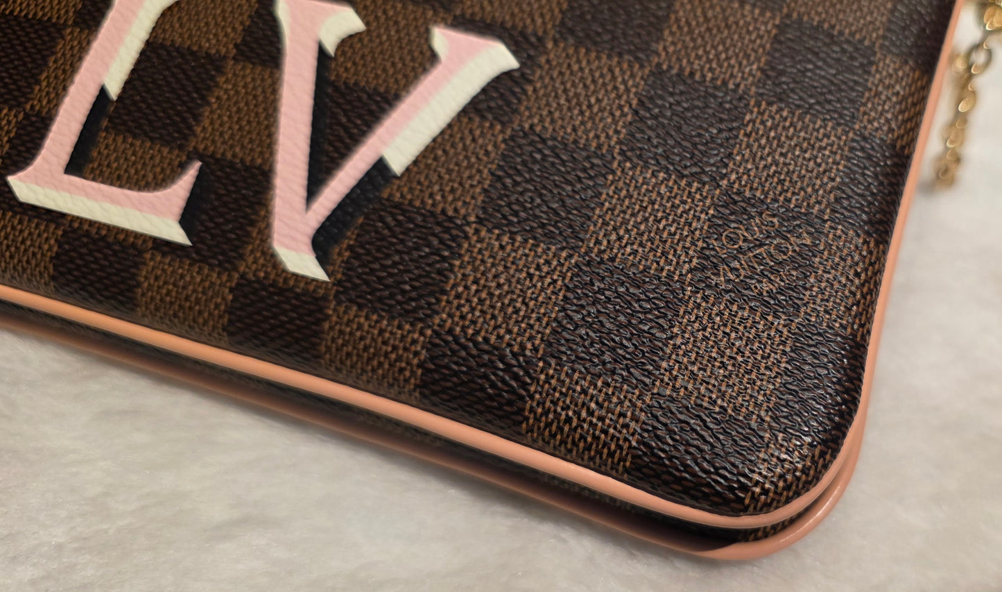 Authentic Louis Vuitton Double Zip Pochette Damier Ebene with Extra Authentic Leather Strap