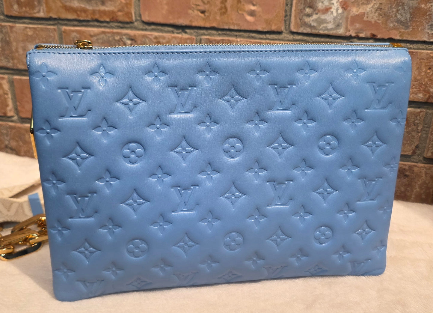 Authentic Louis Vuitton Coussin MM Embossed Monogram in Bleuet