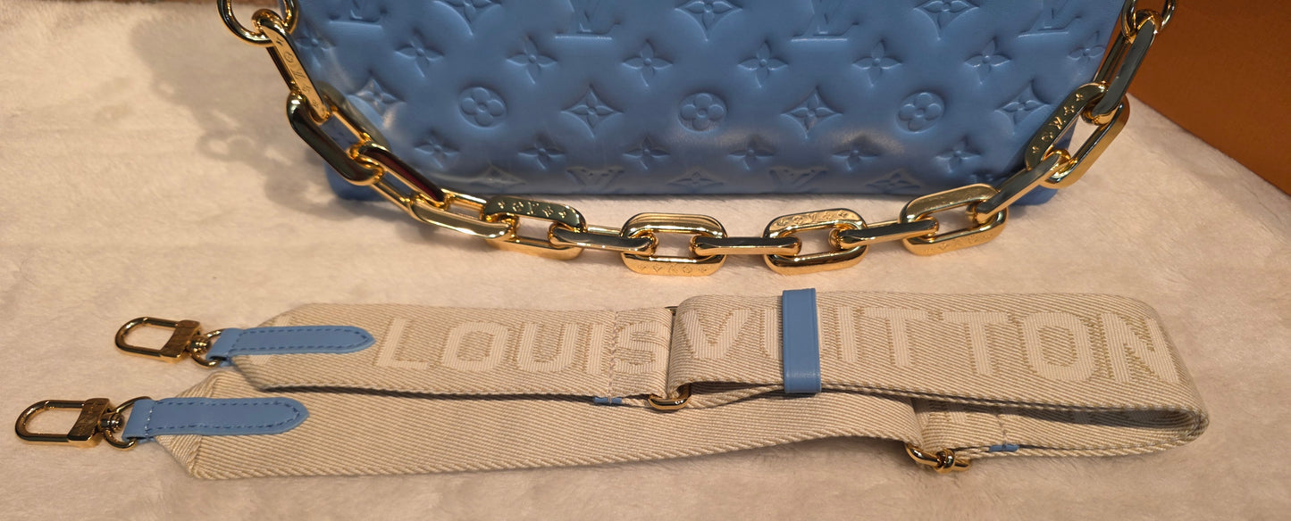 Authentic Louis Vuitton Coussin MM Embossed Monogram in Bleuet