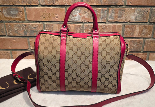 Authentic Gucci Boston Bag with Red Leather Trims