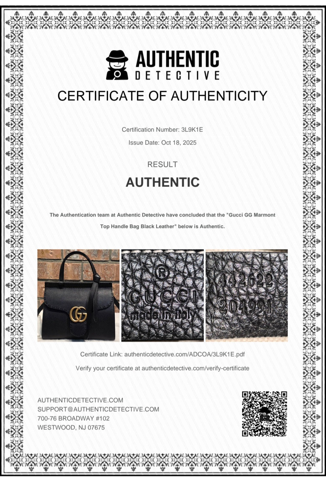 Authentic GG Marmont Top Handle Mini Black